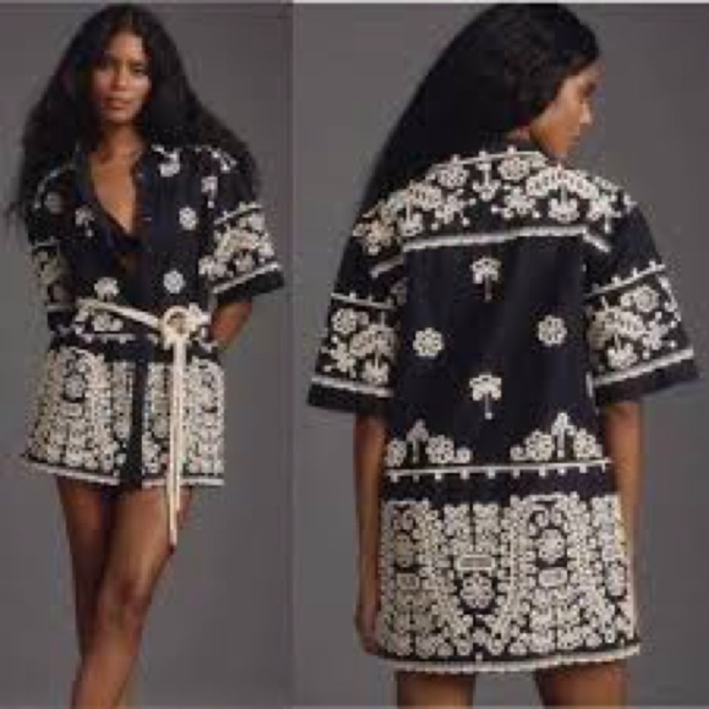 Maeve Anthropologie‎ Embroidered Shirt DressBlack Cream Ornate Cotton *NO BELT*